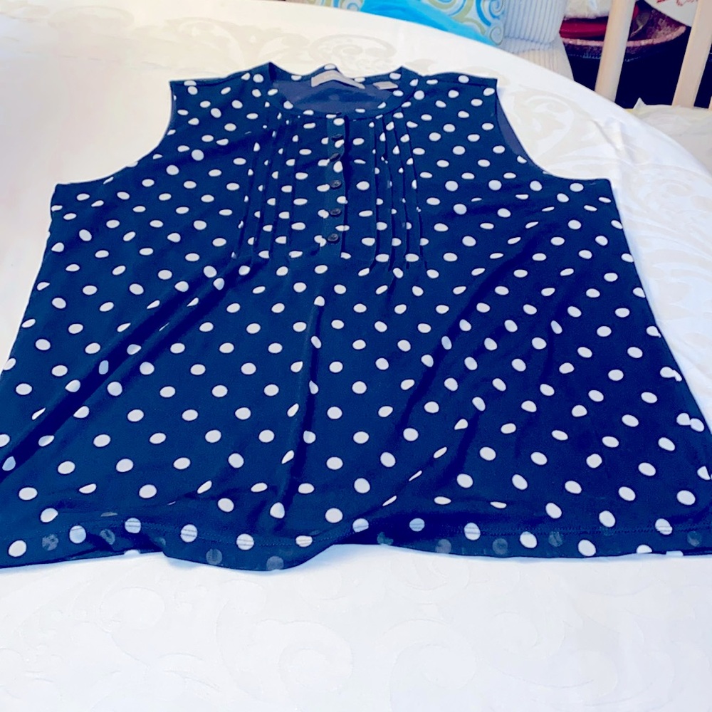 Liz Claiborne size, large navy and white polkadot sleeveless blouse
